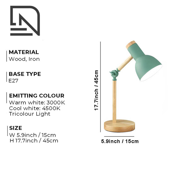 TREVERK Nordic wooden desk lamp with adjustable arm, minimalist design, and warm LED lighting, perfect for bedroom, office, or reading nook.