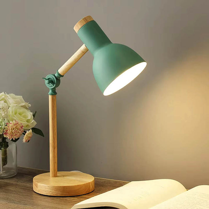 TREVERK Nordic wooden desk lamp with adjustable arm, minimalist design, and warm LED lighting, perfect for bedroom, office, or reading nook.