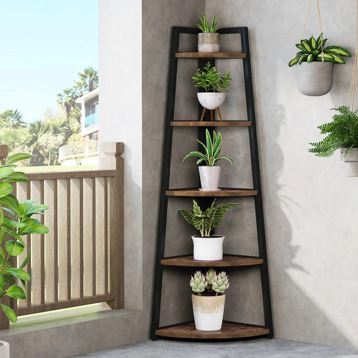 Corner ladder shelf with plants against a neutral wall