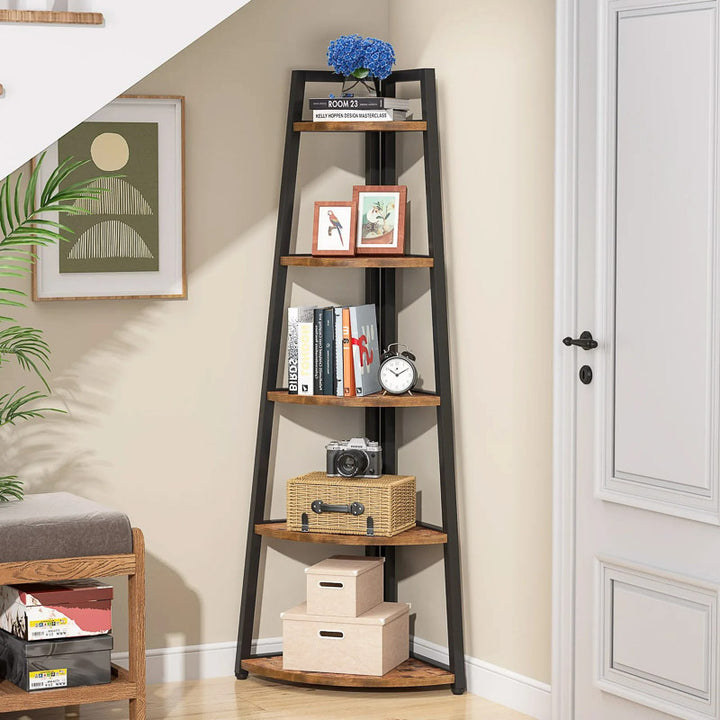 Tall wooden ladder shelf with decorative items against a beige wall.