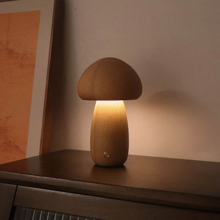wooden touch switch light glowing warmly on a cabinet, highlighting curved natural wood texture.