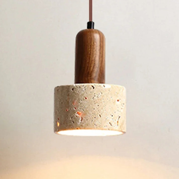 Natural Stone Pendant light with wooden top and terracotta base on a neutral background