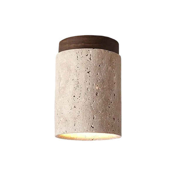 TRAESTEN ceiling light with cylindrical travertine stone body and wood top—flush mount fixture for hallways and modern interiors.