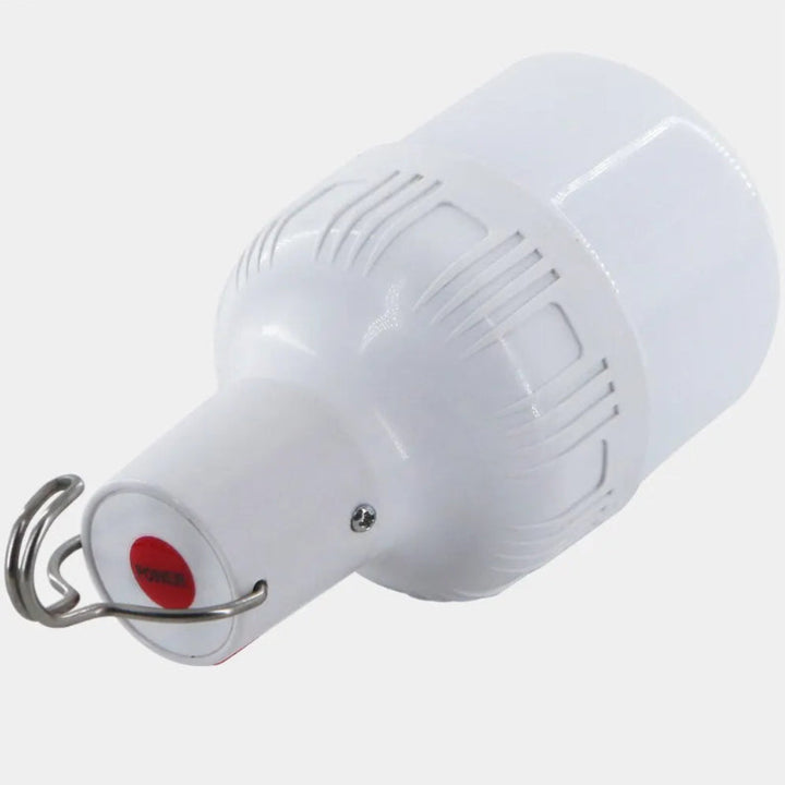 White USB rechargeable LED camping lamp with metal hook, durable portable light for outdoor use