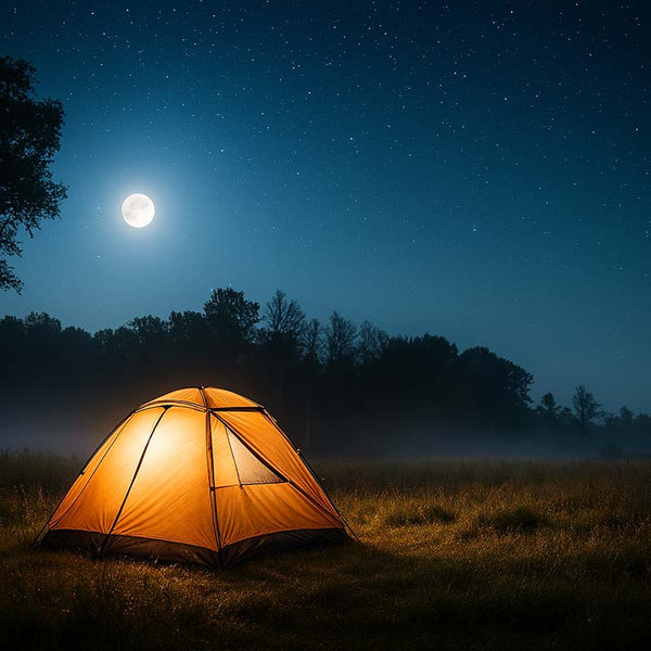 Orange tent with camping lamp under a starry night sky with a full moon