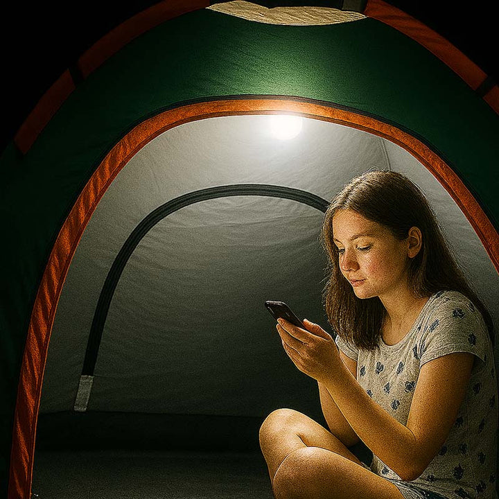 Woman sitting inside a tent using a smartphone