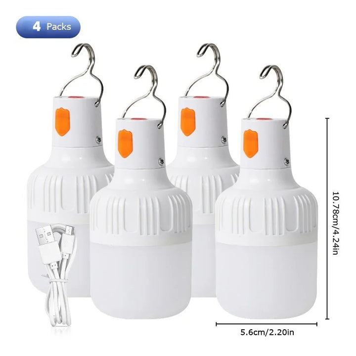 Four white USB rechargeable LED camping lamps (PP), 4.24in, with USB cable, 4-pack portable hook light for hiking