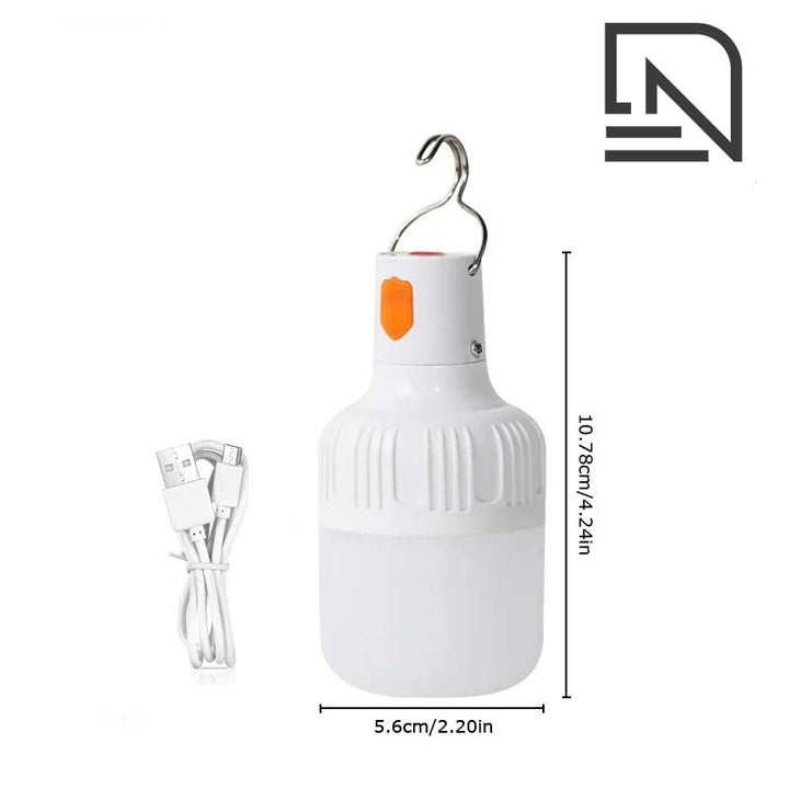 White hanging rechargeable camping light with USB cable and dimensions on a white background