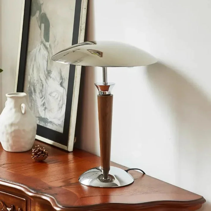 VIKA wooden desk lamp with polished chrome dome shade in minimalist interior