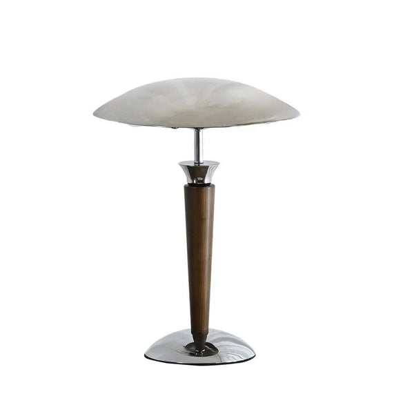 Stylish Scandinavian Table lamp with a white shade and brown base on a white background