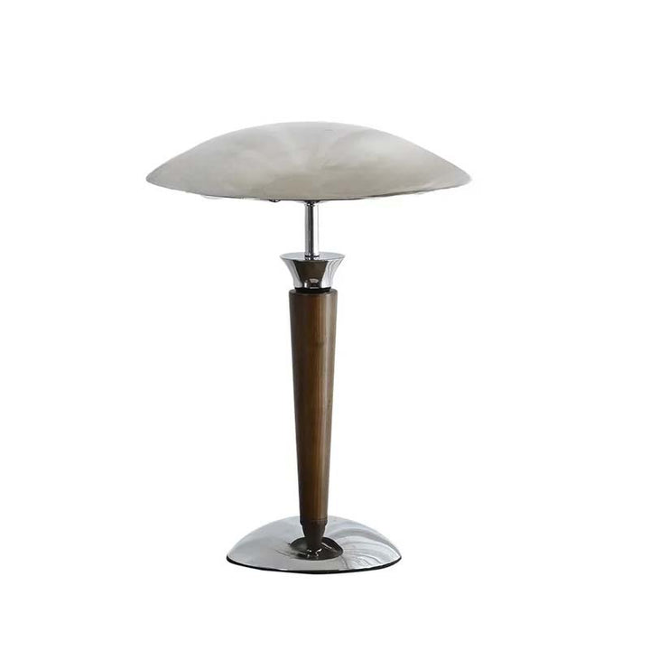 Stylish Scandinavian Table lamp with a white shade and brown base on a white background