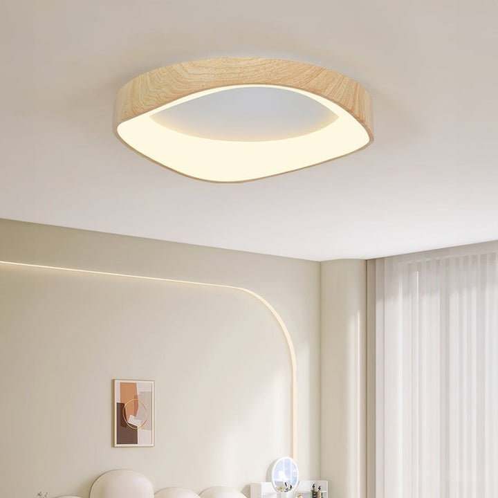 Nordic artistic wood ceiling light with soft LED glow, eco-friendly flush mount for bedroom
