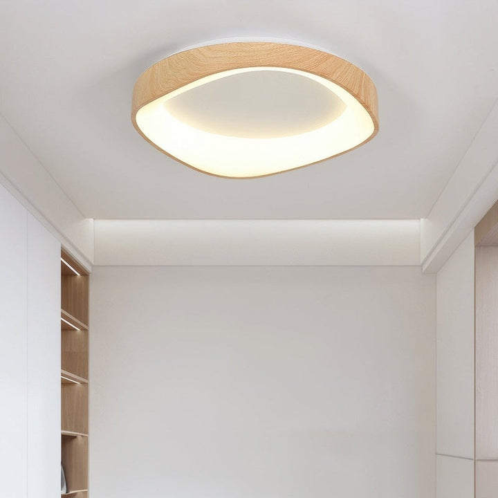 Light wood grain ceiling light with curved design, eco-friendly LED flush mount for hallway