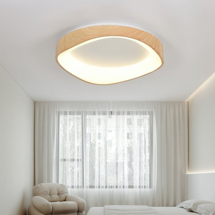 Light wood grain ceiling lamp with warm LED light, eco-friendly Nordic flush mount for bedroom