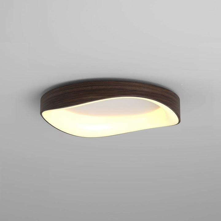 Dark brown wood grain LED ceiling light, modern Scandinavian flush mount for living room