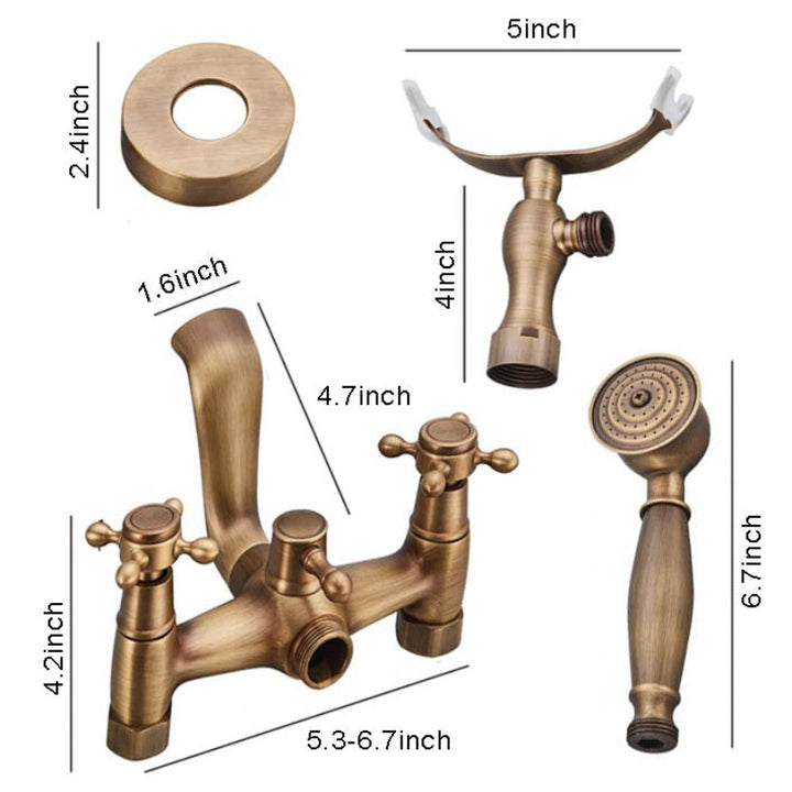 Dimensional diagram of vintage bronze bathtub faucet set with measurement labels for spout, handles, and shower head.