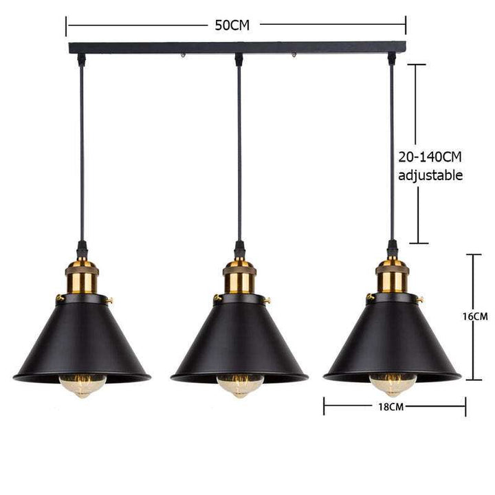 Triple black vintage industrial pendant lights on rectangular ceiling plate, retro loft style.