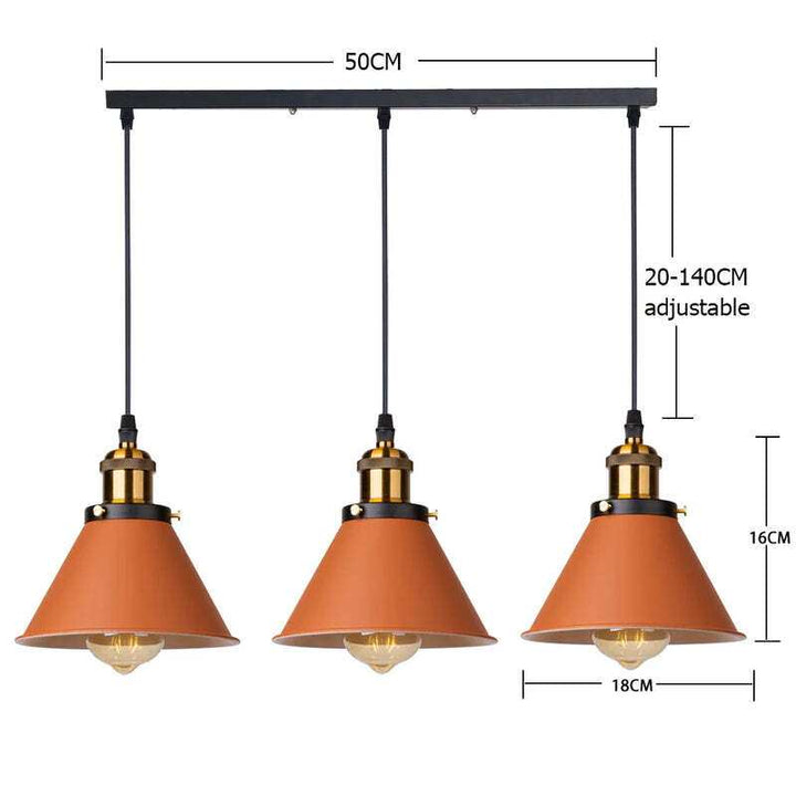 Triple brown industrial pendant lights with rectangular ceiling plate, adjustable 20–140 cm.