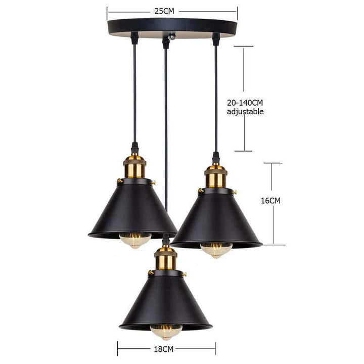 Triple black industrial pendant lights on round ceiling plate with 20–140 cm adjustable cords.