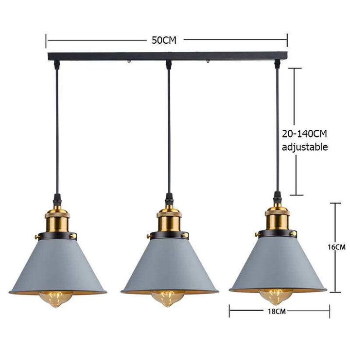 Triple grey industrial pendant lights with brass fittings, rectangular ceiling plate, 20–140 cm adjustable cords.