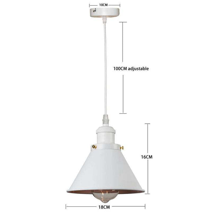 White industrial pendant lamp with conical metal shade, 16 cm height, 18 cm wide, 100 cm adjustable cord.
