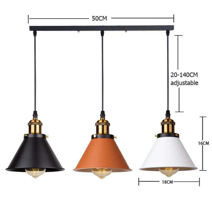 Trio pendant light in black, brown, and white shades, industrial retro style, 50 cm ceiling plate.