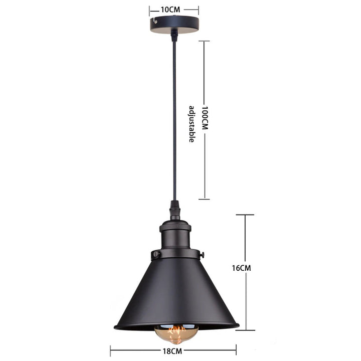Black industrial pendant light with conical shade, 16 cm height and 18 cm diameter, size chart.
