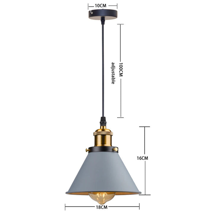 Grey retro industrial pendant lamp with brass detail, 16 cm height and 18 cm wide shade.