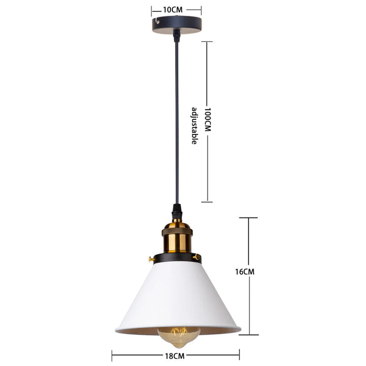 White conical shade industrial pendant lamp, adjustable cord, brass holder, 16 cm tall.