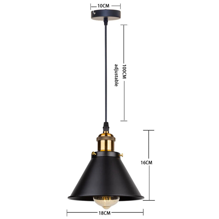 Black vintage pendant light with brass fitting, 16 cm height and 18 cm diameter cone shade.