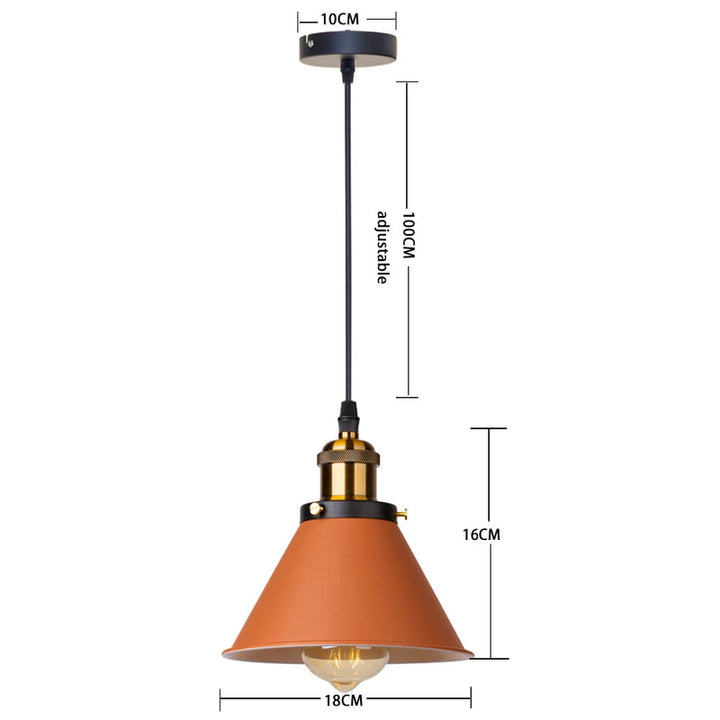 Orange industrial pendant lamp with conical metal shade, brass fitting, adjustable 100 cm cord.
