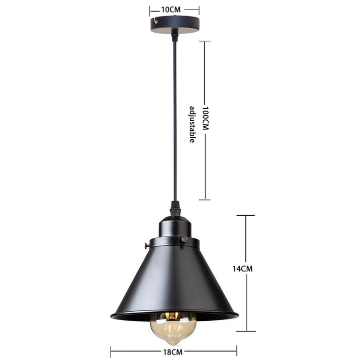 Black industrial pendant lamp variant, 14 cm height and 18 cm wide cone shade, size reference.