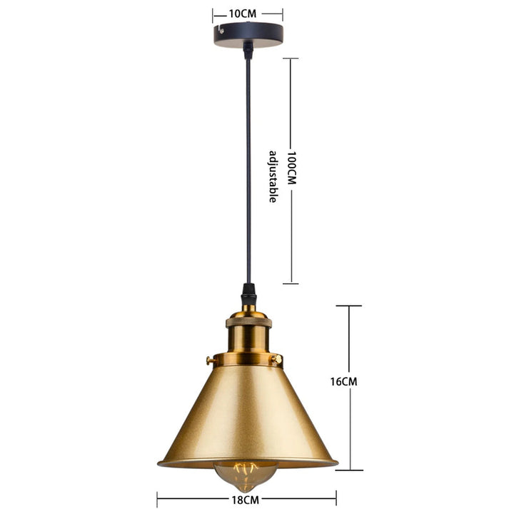 Gold vintage industrial pendant lamp with conical shade, brass holder, adjustable 100 cm hanging cord.