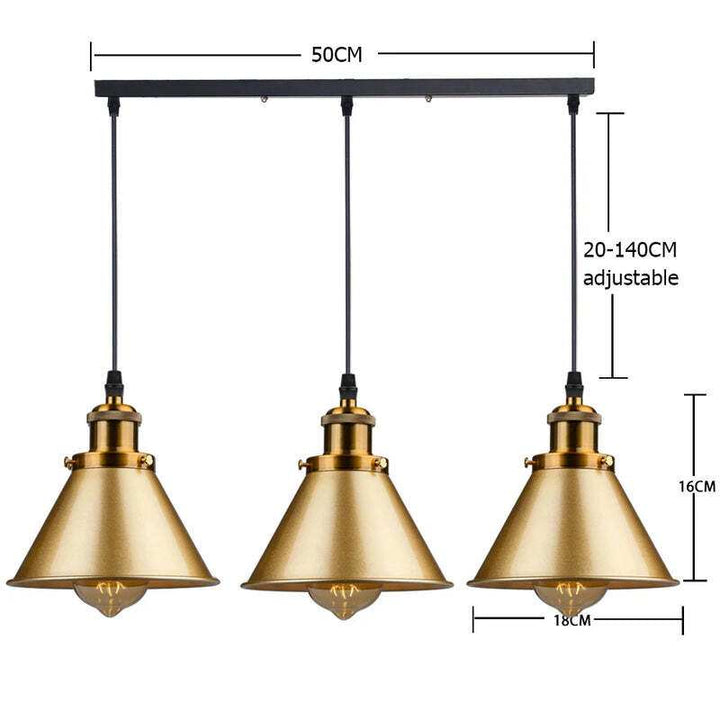 Gold industrial pendant lighting set of three with adjustable hanging cords, size reference.