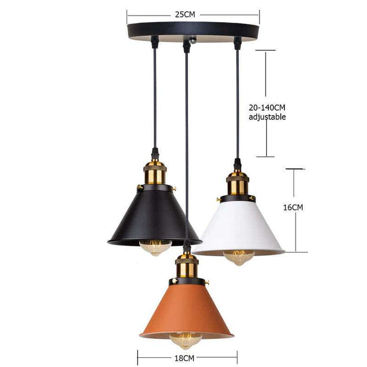 Trio pendant light with black, white, and orange shades in round ceiling plate, size dimensions.