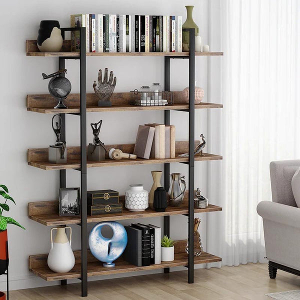 Vintage rustic bookshelf with iron frame and wood-grain shelves, styled in living room, ideal for books, decor, and open storage.