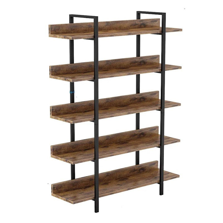 Side view of industrial metal bookshelf with five wooden shelves, showing slim profile and minimalist design.