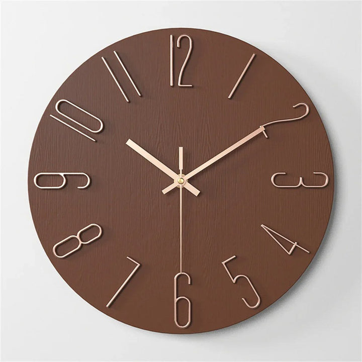 Brown wall clock with gold hands on a light gray background