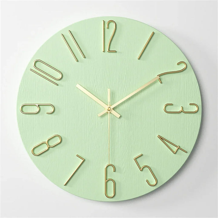 Green wall clock with gold hands and numbers on a light gray background