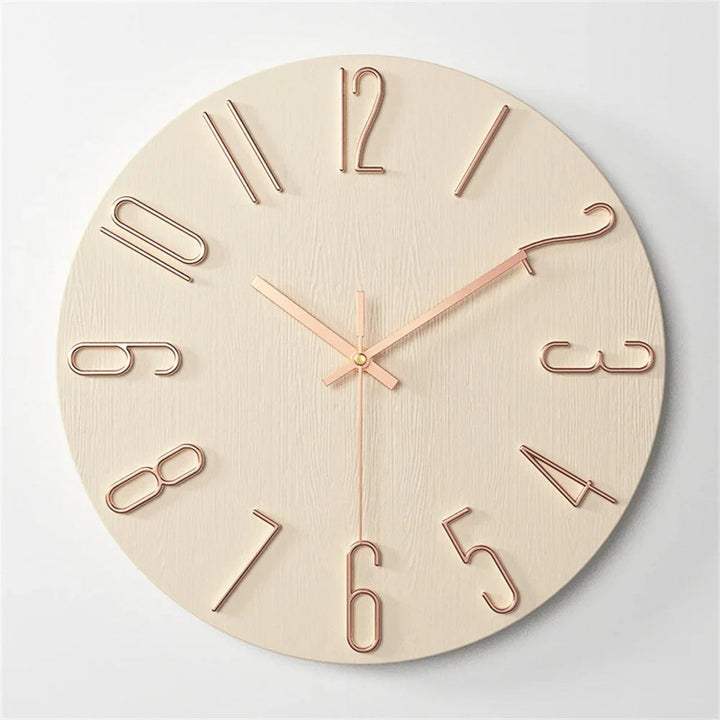 Plastic Modern 12inch wall clock with rose gold hands on a light gray background