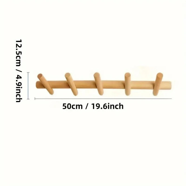 Natural oak coat rack with 5 hooks, crafted for hanging coats, hats, and scarves in minimalist interiors