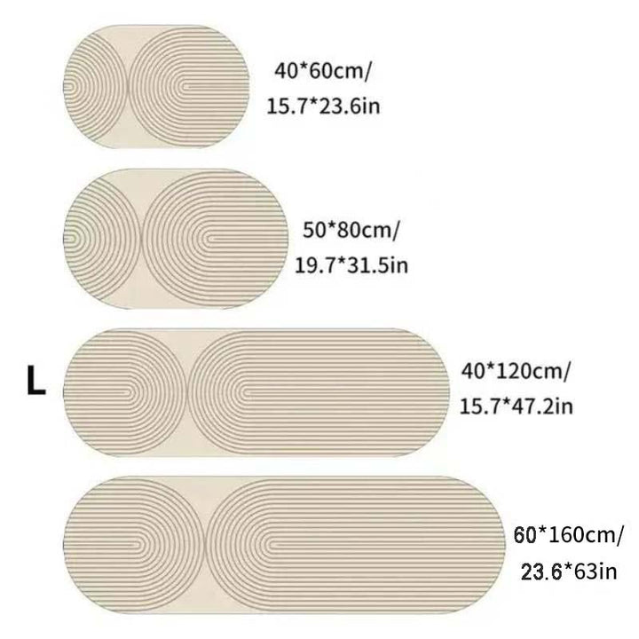 Set of oval kitchen rugs with measurements on a white background