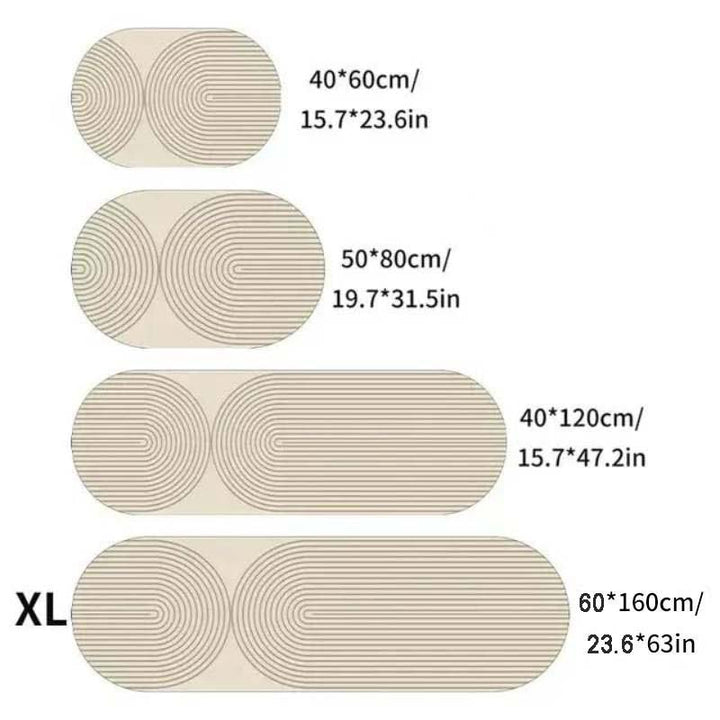Set of beige oval kitchen  rugs with measurements on a white background