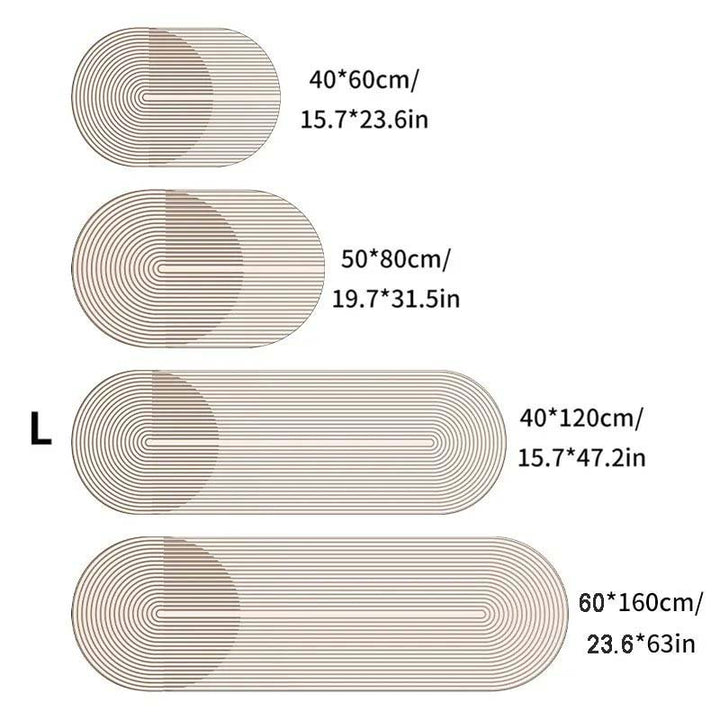 Set of oval kitchen rugs with measurements on a white background