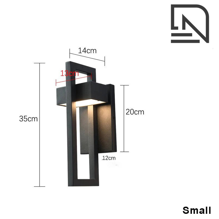 Small modern outdoor wall light in black aluminium with built-in LED, 35cm tall, waterproof design for UK exteriors
