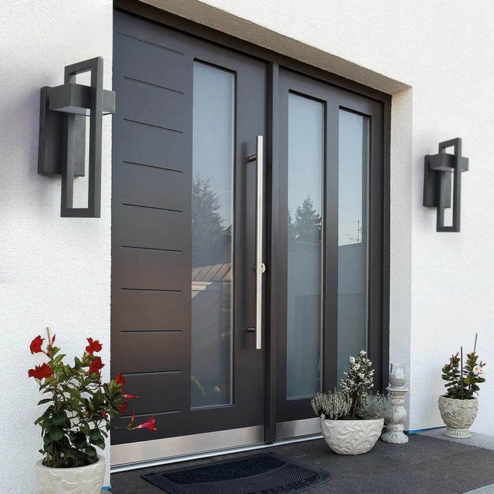 Modern black outdoor wall light with rectangular frame, waterproof aluminium, warm LED, ideal for UK garden or porch use