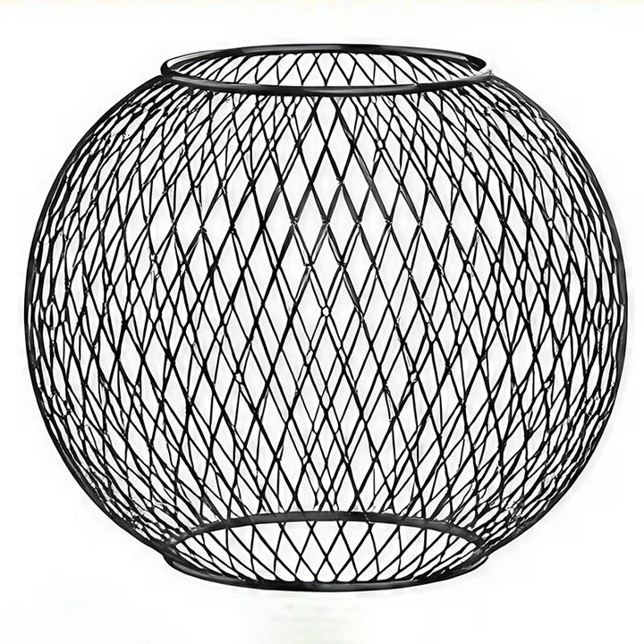 Black metal mesh lantern frame with spherical reticulated design for stylish outdoor lighting.