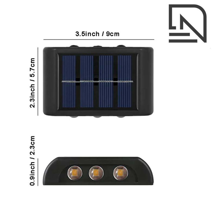 Black solar wall light with LED bulbs, size 3.5 × 2.3 × 0.9 inches, featuring dual-beam design and compact solar panel.