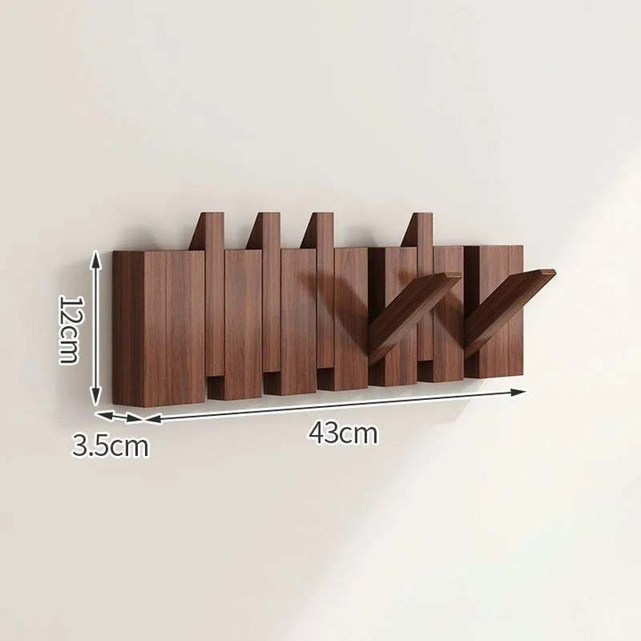 Wooden wall wall-mounted coat rack with dimensions indicated on a light background