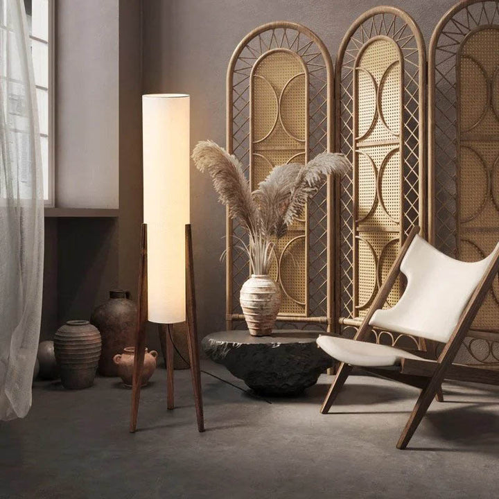 Back view of HOJ lamp showing fabric wrap and tripod leg design, crafted from natural wood.